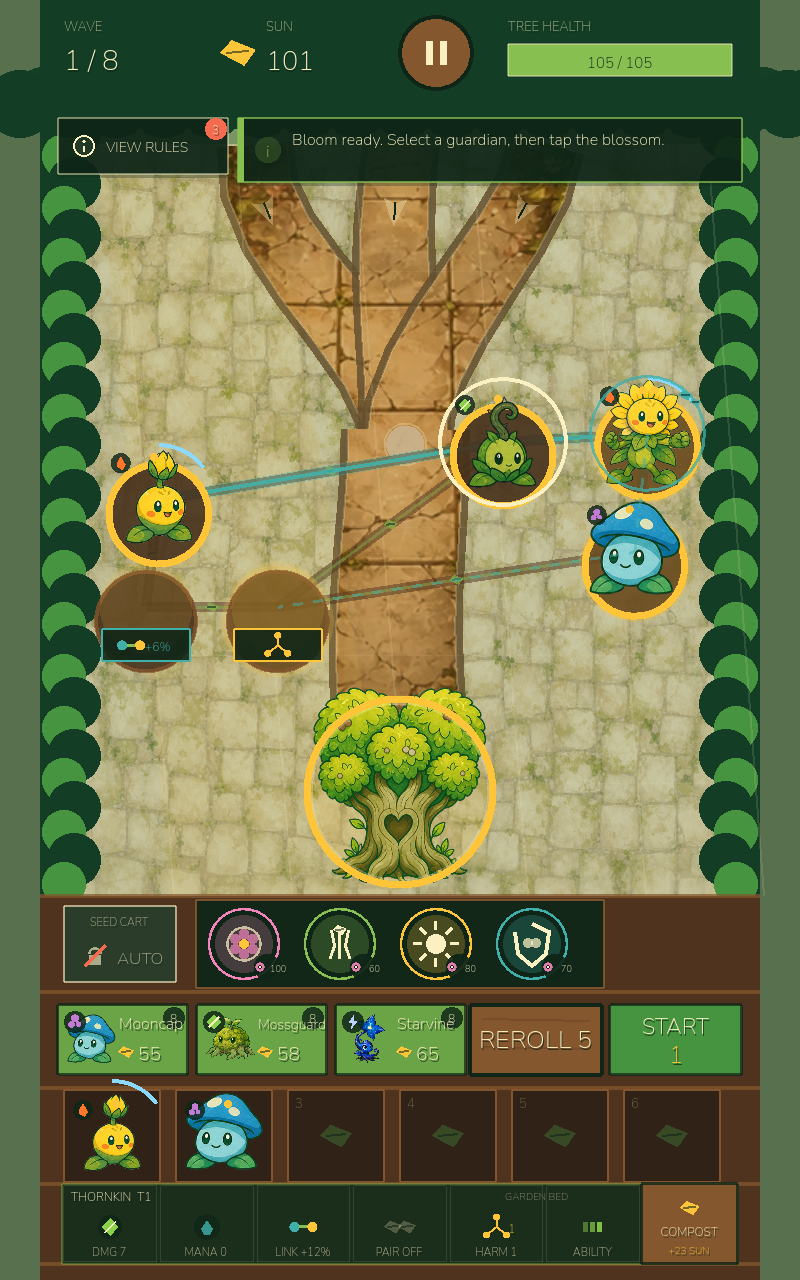 A Sprout Squad battle showing linked guardians and the Heart Tree