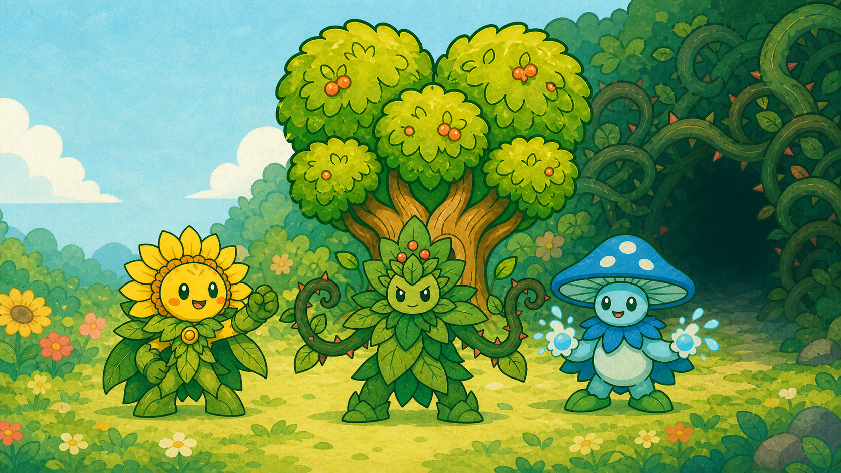 Sunbud, Thornkin and Mooncap defend the Heart Tree