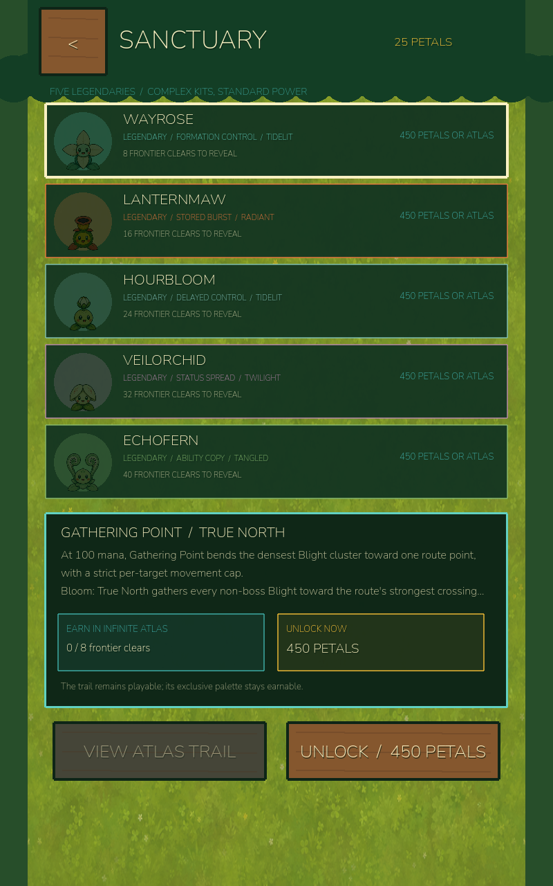 The Legendary Sanctuary showing five earnable guardians and an optional Petal unlock